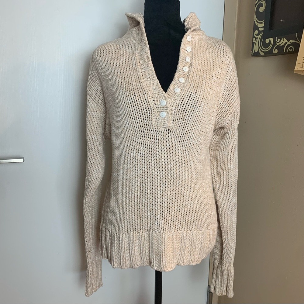 Soft Surroundings Medium Beige V Neck Hoodie Long Sleeve Sweater